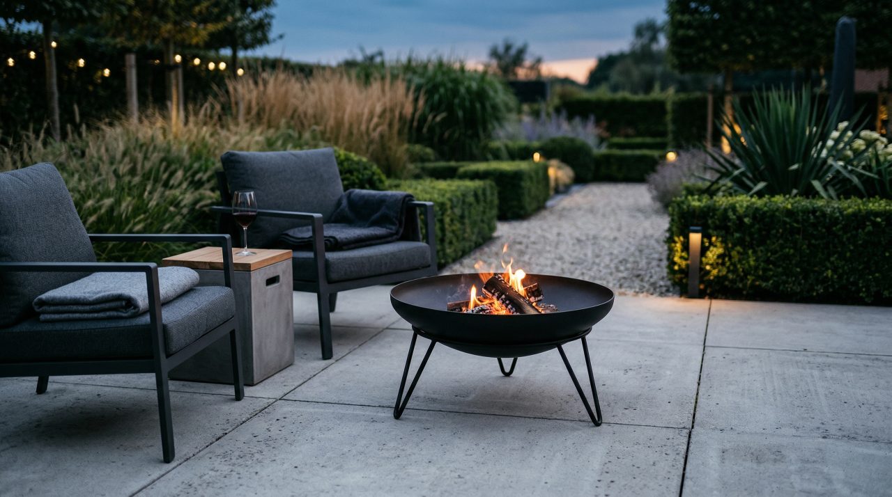 Moderne schwarze Feuerschale auf Betonplatten-Terrasse mit minimalistischen Gartenmöbeln bei Dämmerung